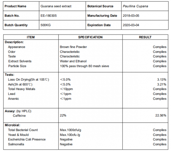 Guarana Seed Extract COA
